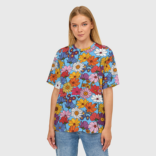 Женская футболка оверсайз Ромашки-лютики / 3D-принт – фото 3