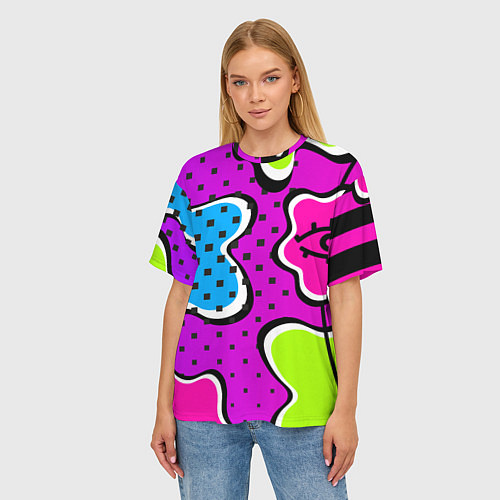 Женская футболка оверсайз Яркий абстрактный узор в стиле 90х, неоновые цвета / 3D-принт – фото 3