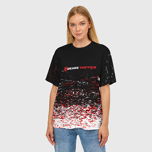 Женская футболка оверсайз Gears tactics белые красные брызги / 3D-принт – фото 3