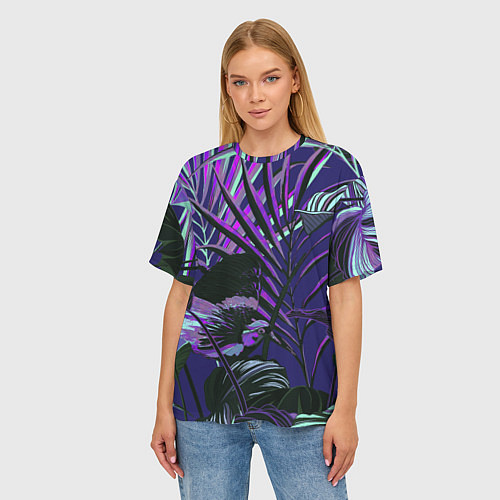 Женская футболка оверсайз Цветы Тропики Ночью / 3D-принт – фото 3