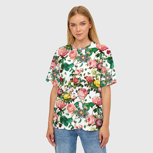 Женская футболка оверсайз Узор из летних роз Summer Roses Pattern / 3D-принт – фото 3