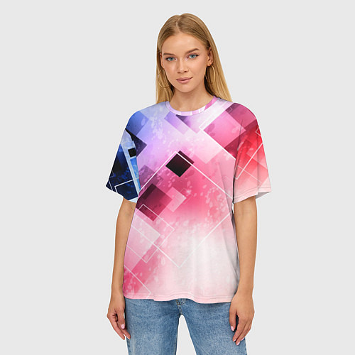 Женская футболка оверсайз Розово-голубая абстрактная геометрия / 3D-принт – фото 3