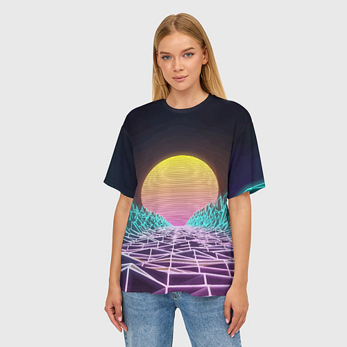 Женская футболка оверсайз Vaporwave Закат солнца в горах Neon / 3D-принт – фото 3