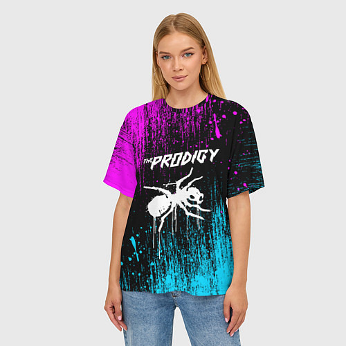 Женская футболка оверсайз The prodigy neon / 3D-принт – фото 3