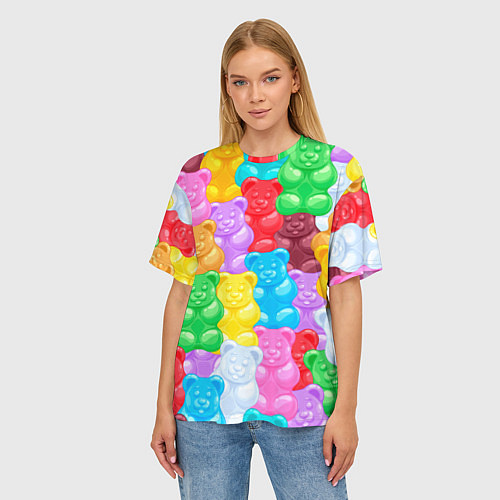 Женская футболка оверсайз Мармеладные мишки разноцветные / 3D-принт – фото 3