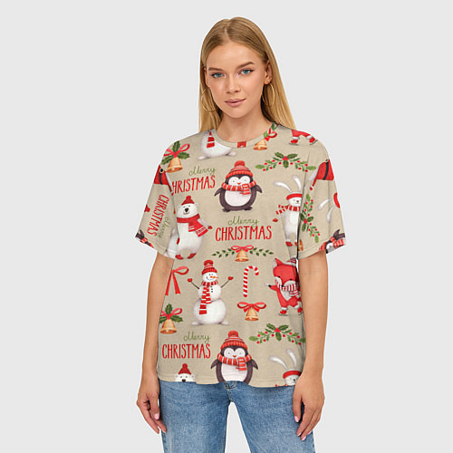 Женская футболка оверсайз СЧАСТЛИВОГО РОЖДЕСТВА MERRY CHRISTMAS / 3D-принт – фото 3