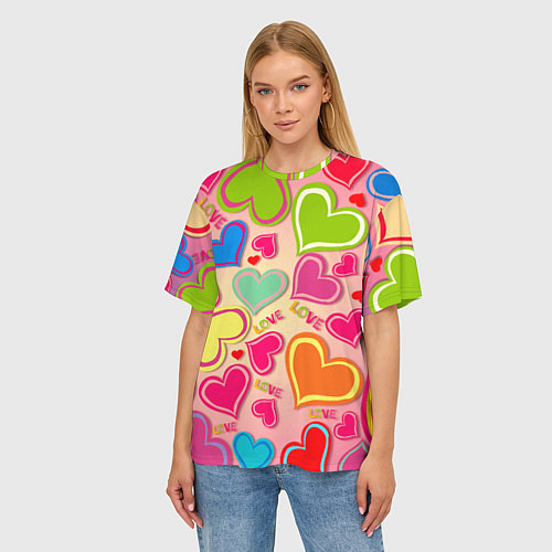 Женская футболка оверсайз ЛЮБОВНЫЕ СЕРДЕЧКИ LOVE HEARTS / 3D-принт – фото 3