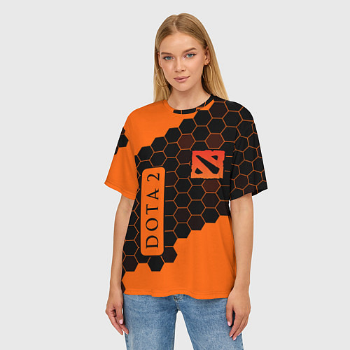 Женская футболка оверсайз ДОТА 2 на фоне узоров из сот / 3D-принт – фото 3