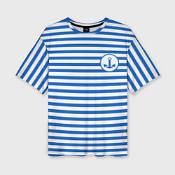 Женская футболка оверсайз Морская тельняшка - бело-синие полосы и якорь