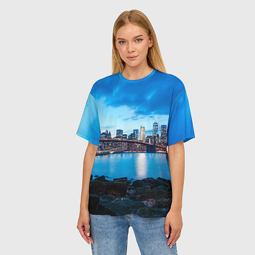 Женская футболка оверсайз Закат в мегаполисе / 3D-принт – фото 3