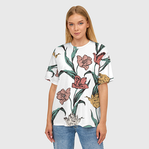 Женская футболка оверсайз Цветы Разноцветные Тюльпаны / 3D-принт – фото 3