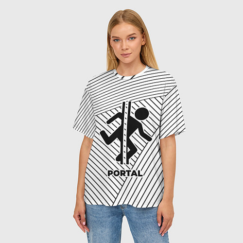 Женская футболка оверсайз Символ Portal на светлом фоне с полосами / 3D-принт – фото 3