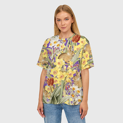 Женская футболка оверсайз Цветы Нарциссы и Зайцы / 3D-принт – фото 3