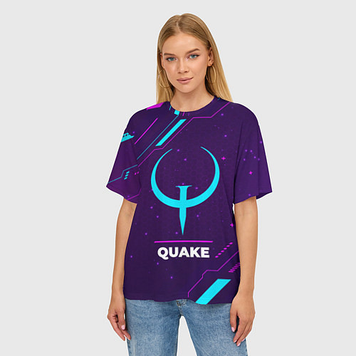 Женская футболка оверсайз Символ Quake в неоновых цветах на темном фоне / 3D-принт – фото 3