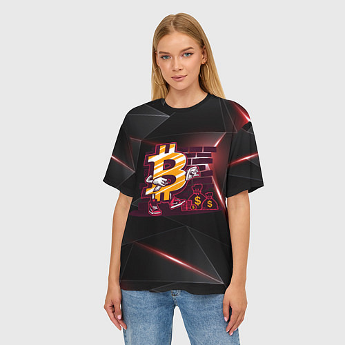 Женская футболка оверсайз Биткоин на фоне стены Bitcoin / 3D-принт – фото 3