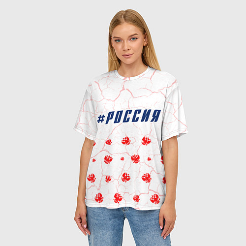 Женская футболка оверсайз РОССИЯ - ГЕРБ - Трещины / 3D-принт – фото 3