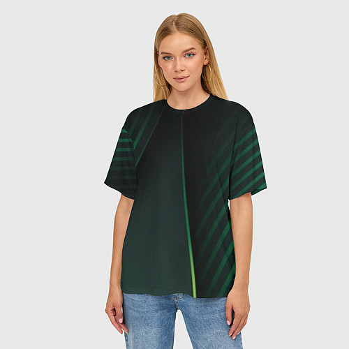 Женская футболка оверсайз Зеленые 3D полосы со свечением / 3D-принт – фото 3