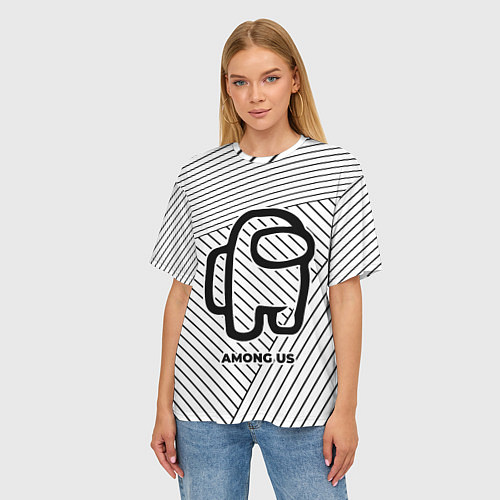 Женская футболка оверсайз Символ Among Us на светлом фоне с полосами / 3D-принт – фото 3