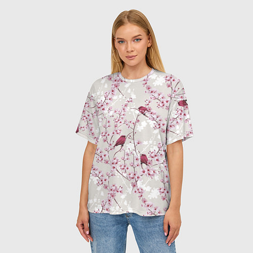 Женская футболка оверсайз Цветы Сакуры и Птицы / 3D-принт – фото 3
