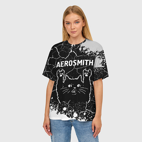 Женская футболка оверсайз Группа Aerosmith и Рок Кот / 3D-принт – фото 3