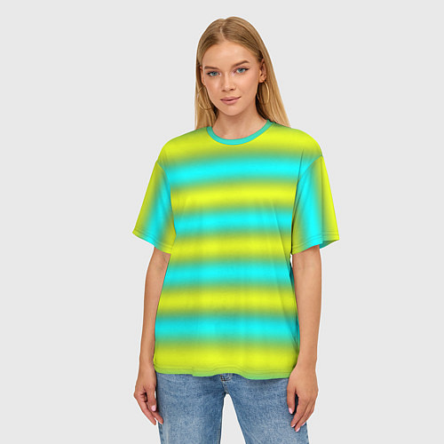 Женская футболка оверсайз Бирюзово-желтые неоновые полосы / 3D-принт – фото 3