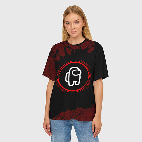 Женская футболка оверсайз Символ Among Us и краска вокруг на темном фоне / 3D-принт – фото 3