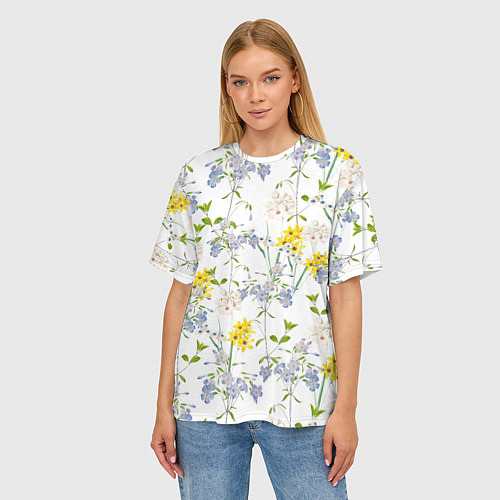 Женская футболка оверсайз Цветы Барвинок и Рудбекия / 3D-принт – фото 3