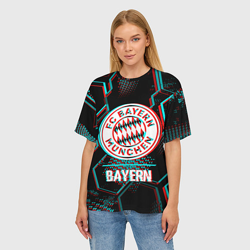 Женская футболка оверсайз Bayern FC в стиле Glitch на темном фоне / 3D-принт – фото 3