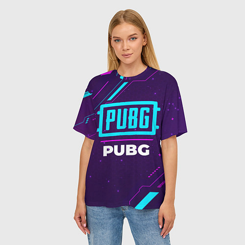 Женская футболка оверсайз Символ PUBG в неоновых цветах на темном фоне / 3D-принт – фото 3