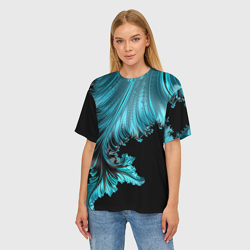 Женская футболка оверсайз Черный с голубым неоновый фрактал Ледяная абстракц / 3D-принт – фото 3