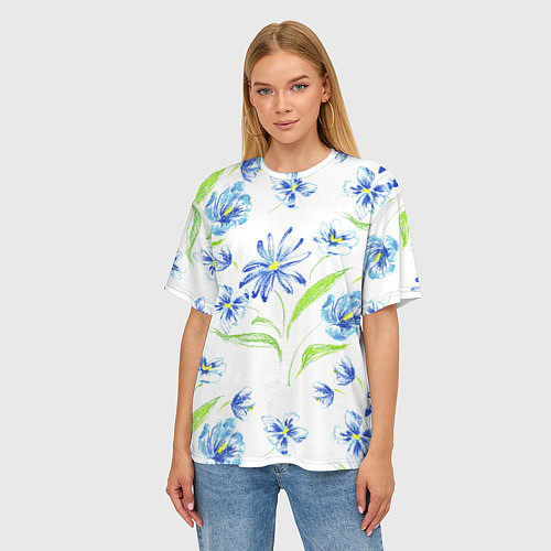 Женская футболка оверсайз Цветы Синие Нарисованные Карандашами / 3D-принт – фото 3