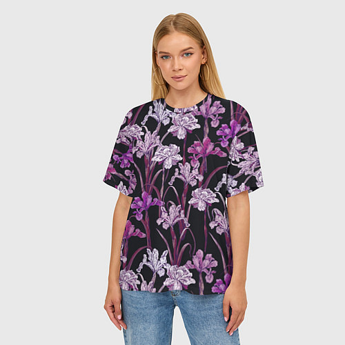 Женская футболка оверсайз Цветы Фиолетовые Ирисы / 3D-принт – фото 3