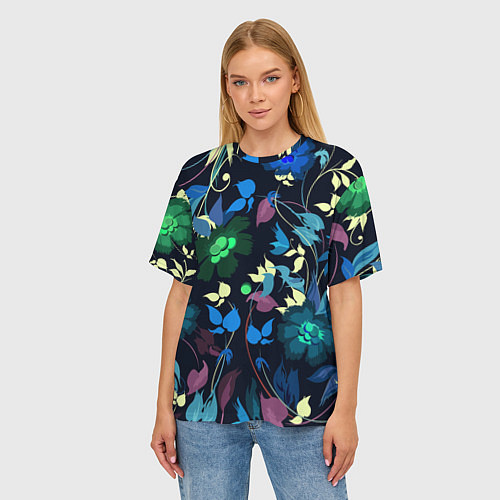Женская футболка оверсайз Color summer night Floral pattern / 3D-принт – фото 3
