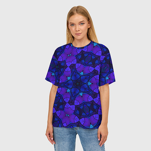 Женская футболка оверсайз Калейдоскоп -геометрический сине-фиолетовый узор / 3D-принт – фото 3