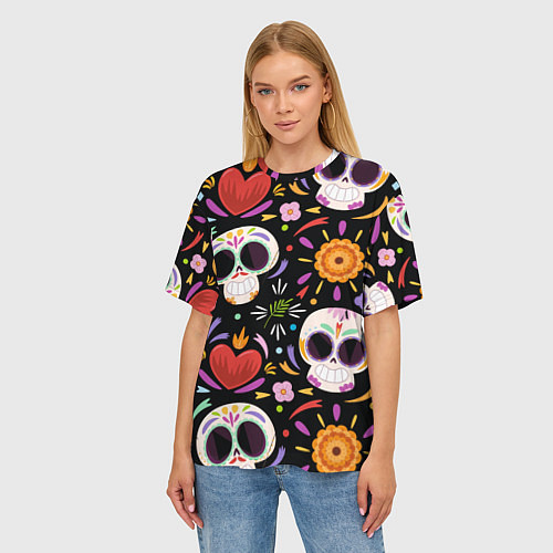 Женская футболка оверсайз Веселые черепа в цветах / 3D-принт – фото 3