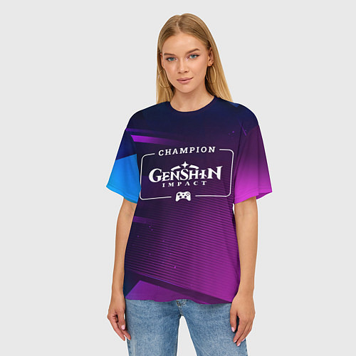 Женская футболка оверсайз Genshin Impact Gaming Champion: рамка с лого и джо / 3D-принт – фото 3