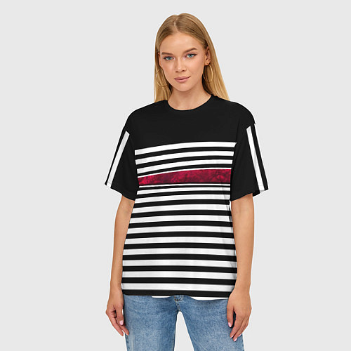 Женская футболка оверсайз Полосатый современный черно-белый с красной вставк / 3D-принт – фото 3