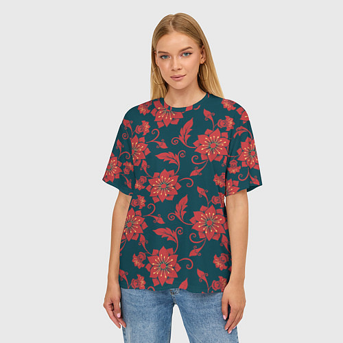 Женская футболка оверсайз Red flowers texture / 3D-принт – фото 3