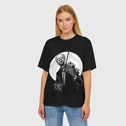 Женская футболка оверсайз Скелет скрипач под полной луной / 3D-принт – фото 3
