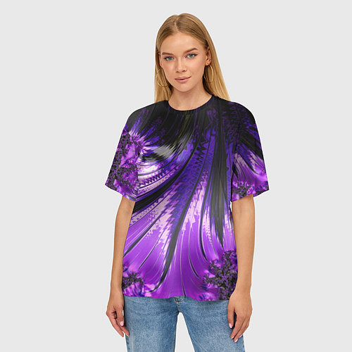Женская футболка оверсайз Неоновый фрактал черный с фиолетовым Абстракция / 3D-принт – фото 3