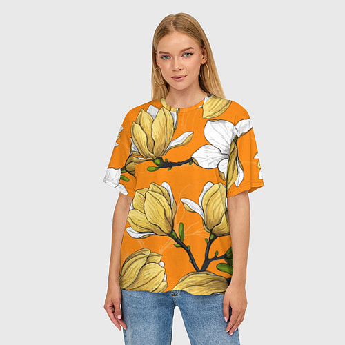 Женская футболка оверсайз Удивительные летние тропические цветы с нераскрывш / 3D-принт – фото 3