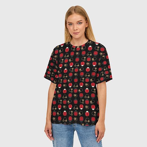 Женская футболка оверсайз Красные Божьи коровки на черном фоне ladybug / 3D-принт – фото 3