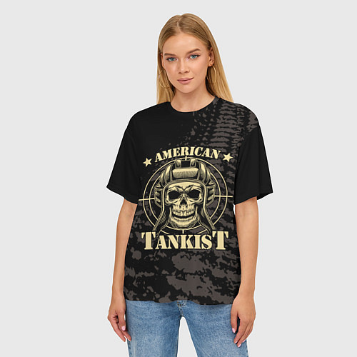 Женская футболка оверсайз American tankist Skull in the headset / 3D-принт – фото 3