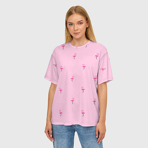 Женская футболка оверсайз Фламинго на розовом фоне / 3D-принт – фото 3