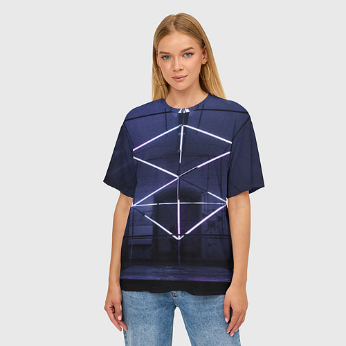 Женская футболка оверсайз Неоновый прерывистый куб во тьме - Фиолетовый / 3D-принт – фото 3