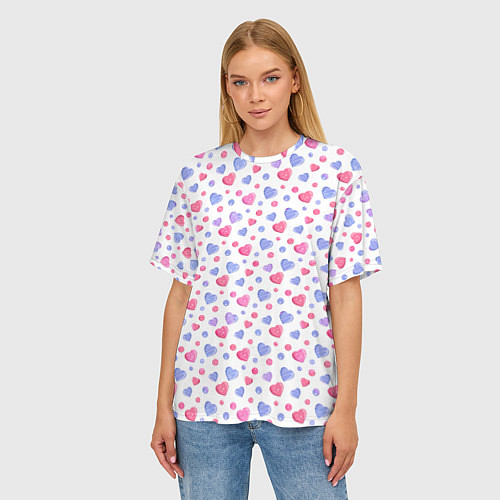 Женская футболка оверсайз Милые карамельки-сердечки на белом / 3D-принт – фото 3