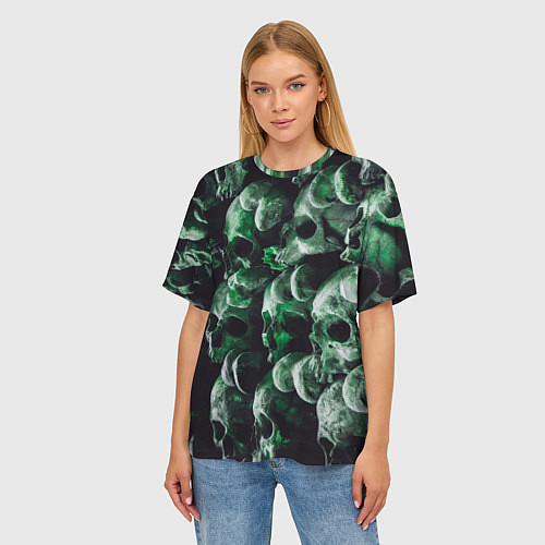Женская футболка оверсайз Множество черепов во тьме - Зелёный / 3D-принт – фото 3