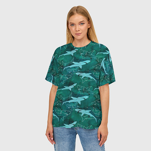 Женская футболка оверсайз Акулы не темно бирюзовом фоне / 3D-принт – фото 3