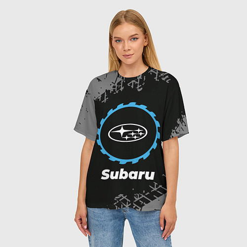 Женская футболка оверсайз Subaru в стиле Top Gear со следами шин на фоне / 3D-принт – фото 3