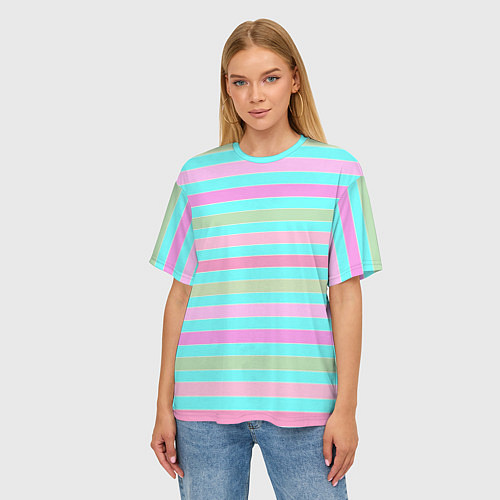 Женская футболка оверсайз Pink turquoise stripes horizontal Полосатый узор / 3D-принт – фото 3